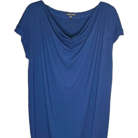 Eileen Fisher Jersey Dress with Cap Sleeves and Draped Neckline - Navy Blue - S - Picture 4 of 9